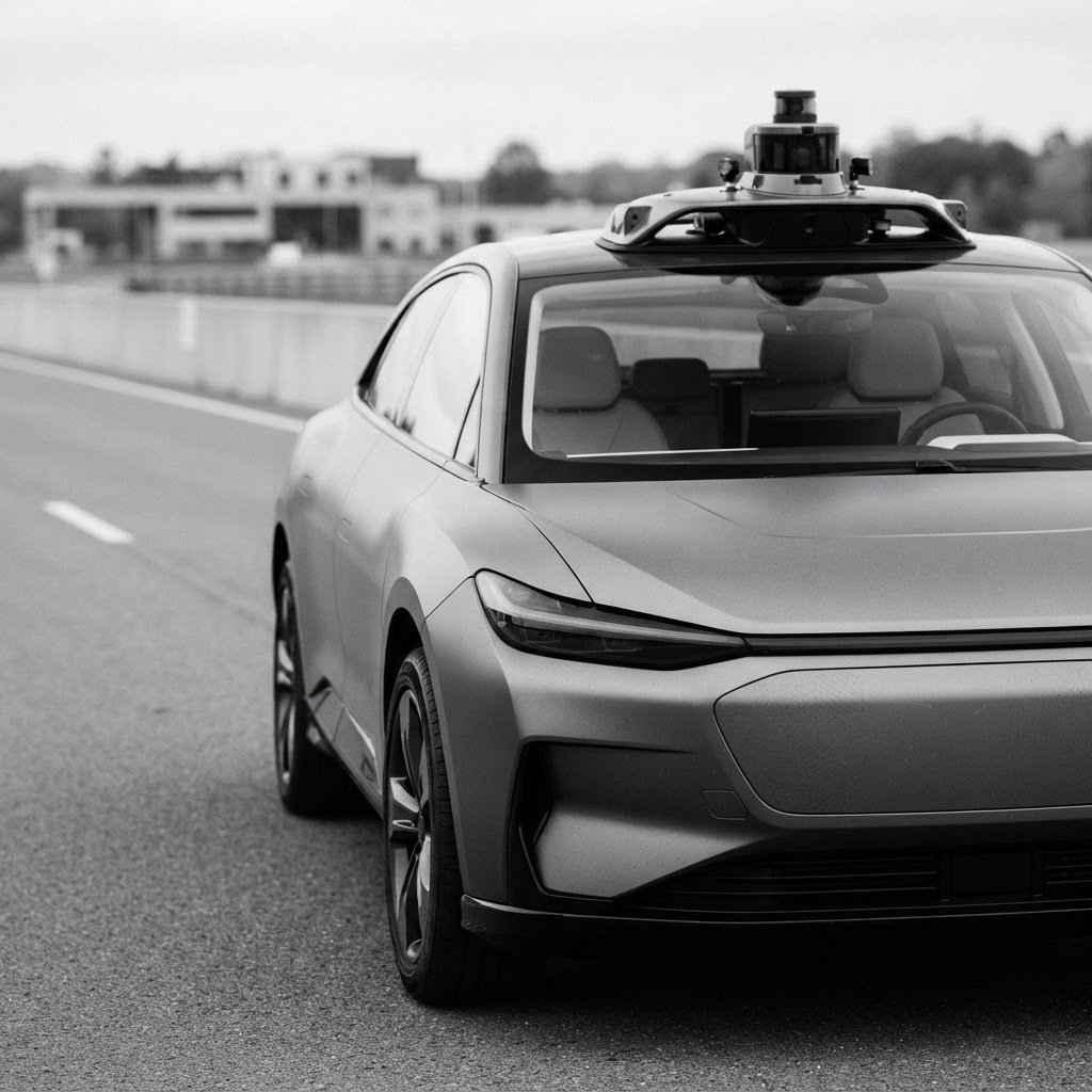 Autonomous vehicle on a road at dusk