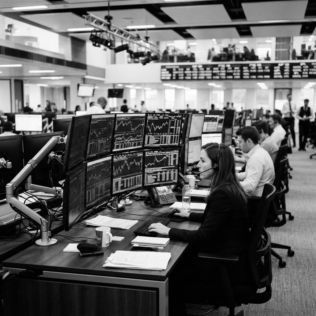 Financial trading floor with market data displays