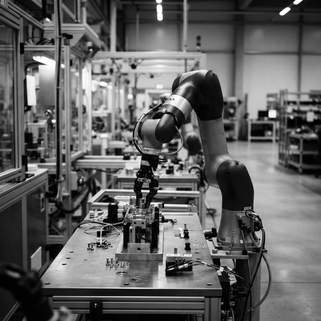 Collaborative industrial robot arm in a factory